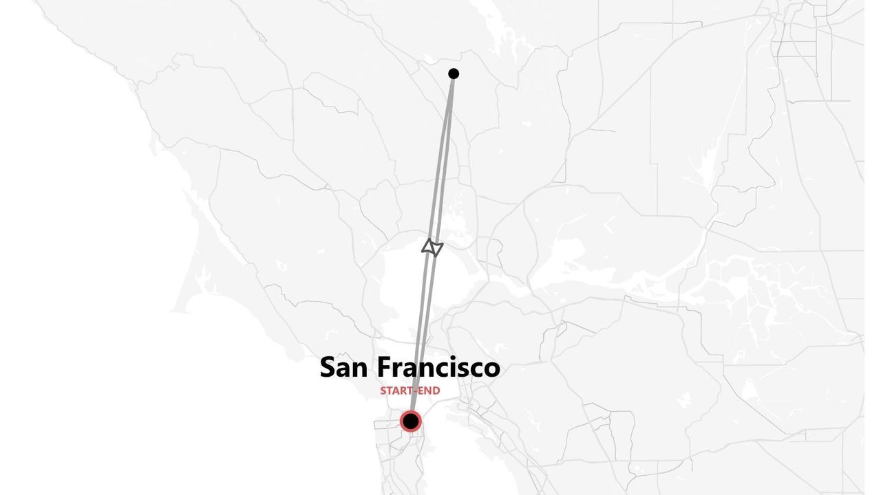 A map showing a round-trip itinerary starting and ending in San Francisco.