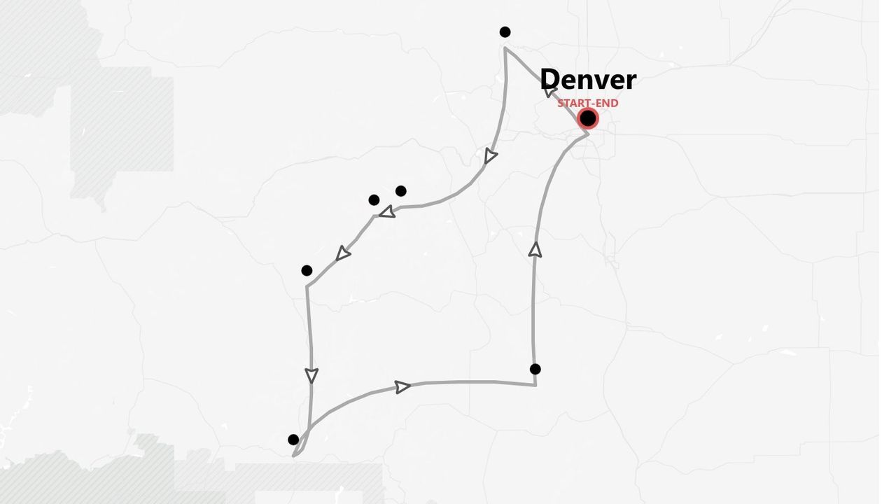 A map illustrating a travel itinerary route that starts and ends in Denver, forming a loop with several stops.