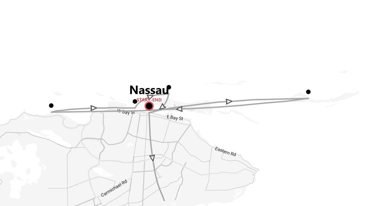 A black and white map of Nassau showing a travel route with start and end points marked within the city.