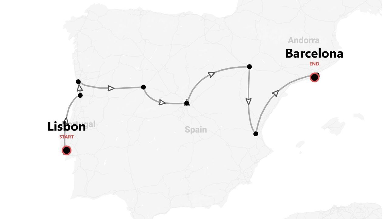 A map illustrating a travel route starting in Lisbon, Portugal and ending in Barcelona, Spain, passing through Spain.