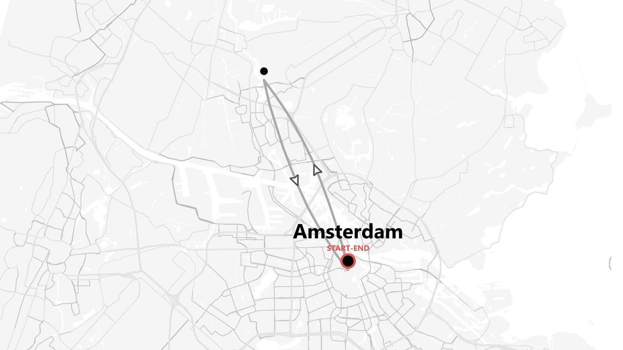 Un mapa en escala de grises de Ámsterdam que muestra una ruta de ida y vuelta que comienza y termina en el centro de la ciudad.