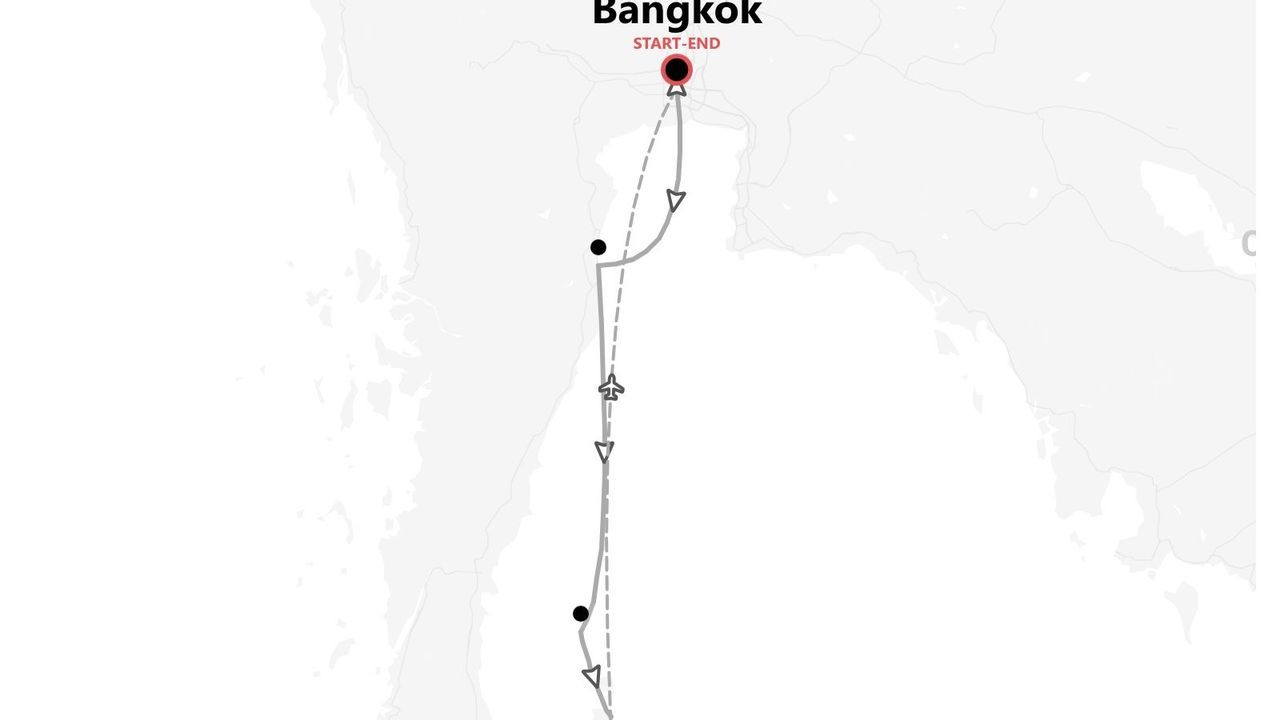 A map showing a travel route starting and ending in Bangkok, with the path including a flight and several stops.