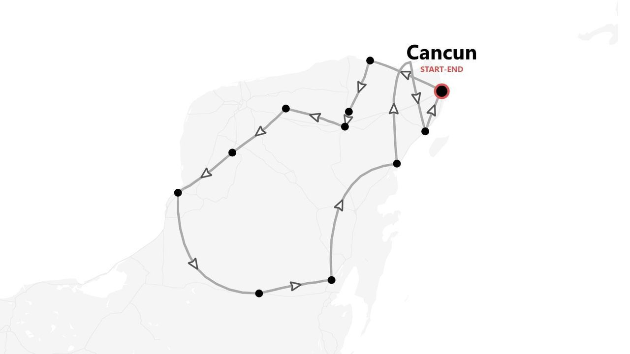Eine Karte mit einer Rundreise, die in Cancun startet und endet, dargestellt mit einer Schleifenlinie und Wegpunkten.