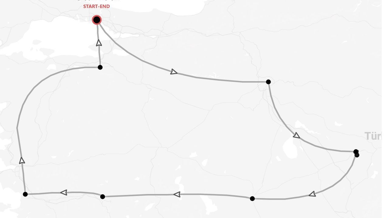 A grayscale map showing a circular travel itinerary for Türkiye, with a marked start-end point and multiple stops along the route.