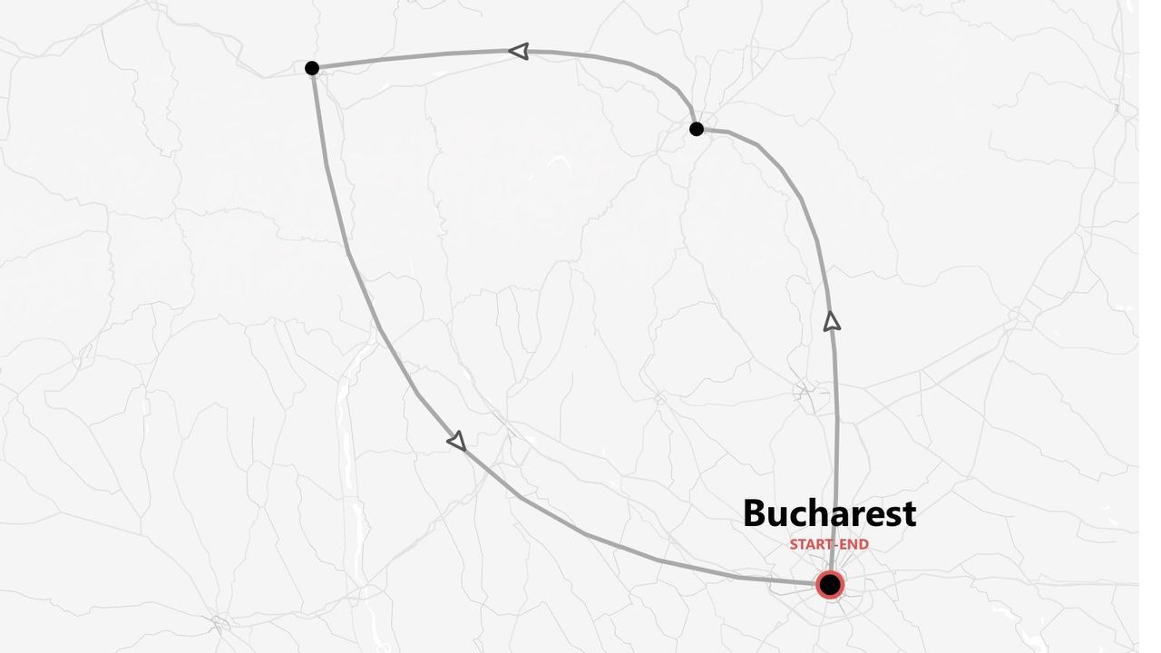 A simplified map showing a tour itinerary that starts and ends in Bucharest, following a looping route with multiple stops.