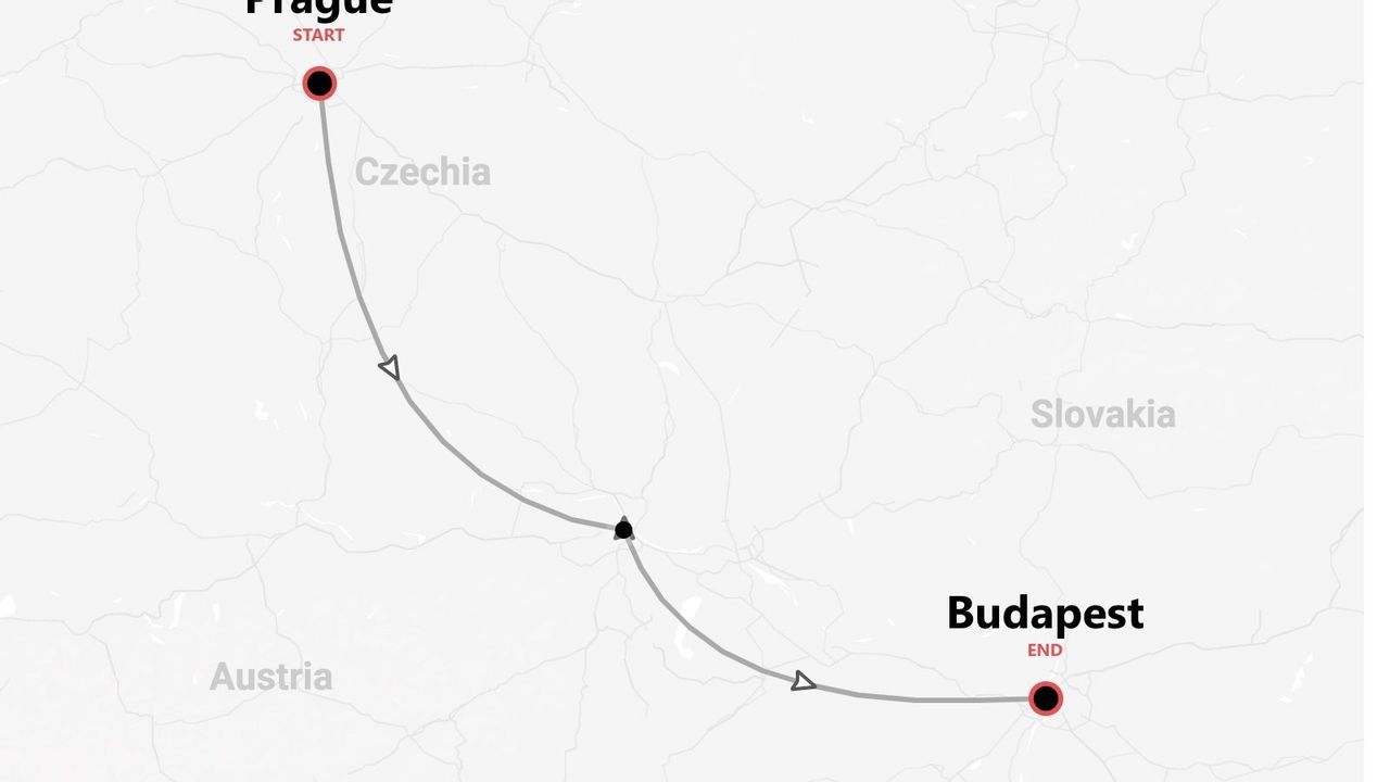 A map showing a travel route with a starting point in Prague, Czechia, and an ending point in Budapest.