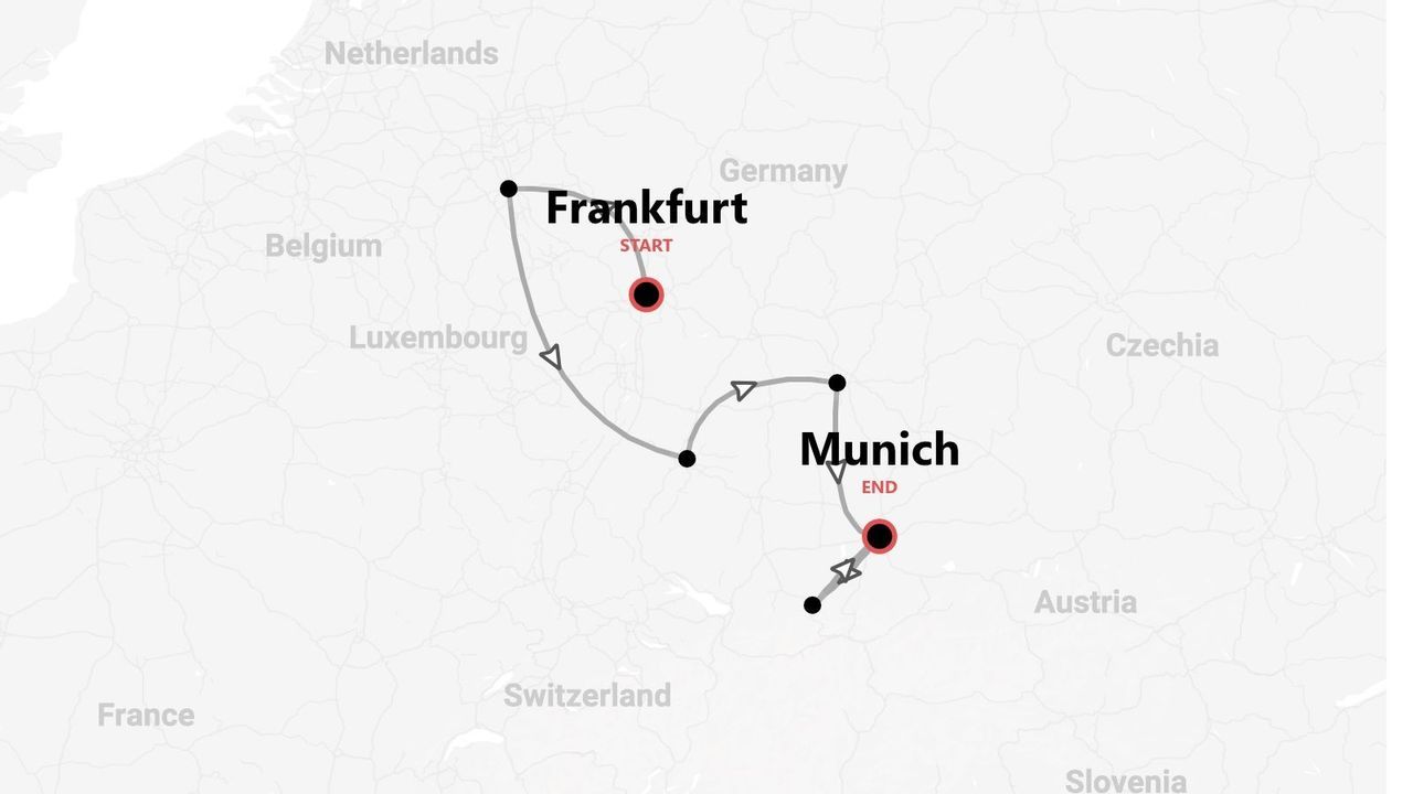 A map showing a travel route through Germany, starting in Frankfurt and ending in Munich.