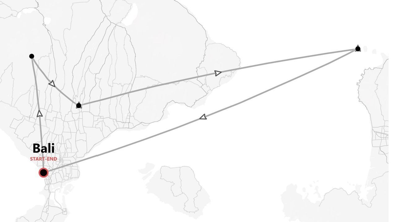 A grayscale map showing a travel itinerary across the island of Bali, with the start and end point highlighted.