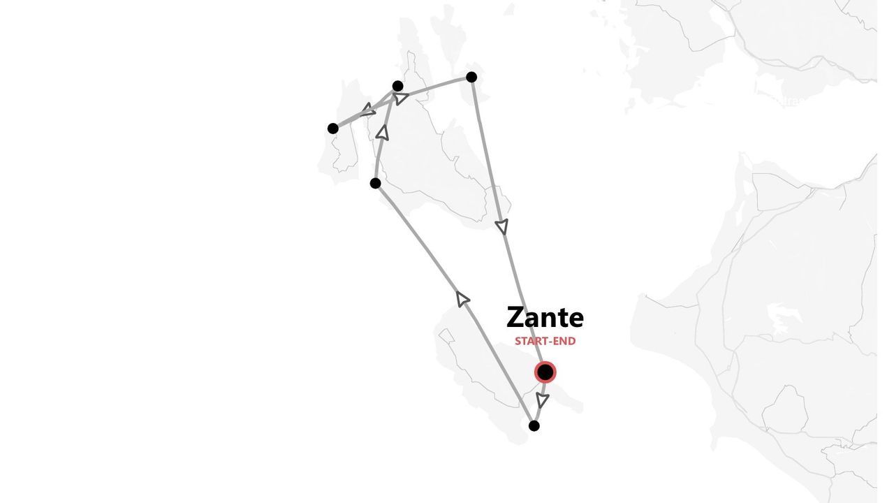 Mappa dell'itinerario di viaggio per un tour di Zante, con percorso ad anello.
