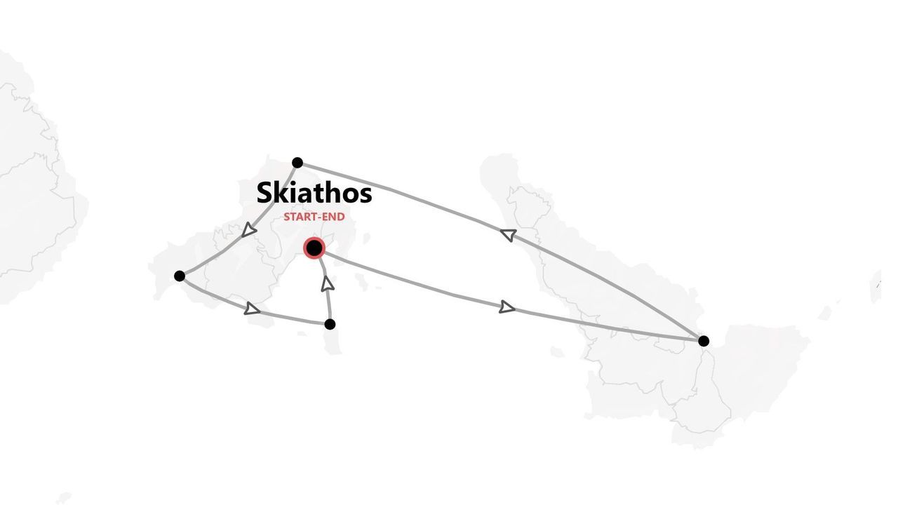 Mappa di un itinerario circolare con partenza e arrivo a Skiathos.