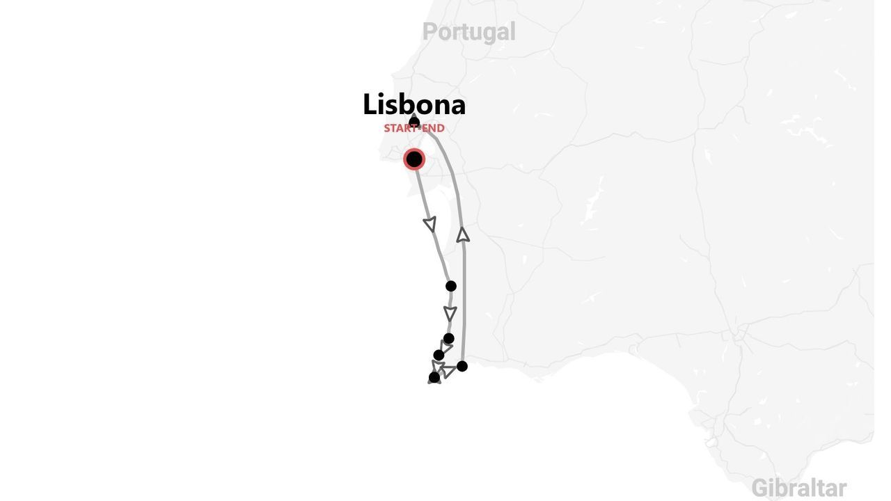 Una mappa che mostra un itinerario di viaggio in Portogallo, con partenza e arrivo a Lisbona e che si dirige a sud lungo la costa.