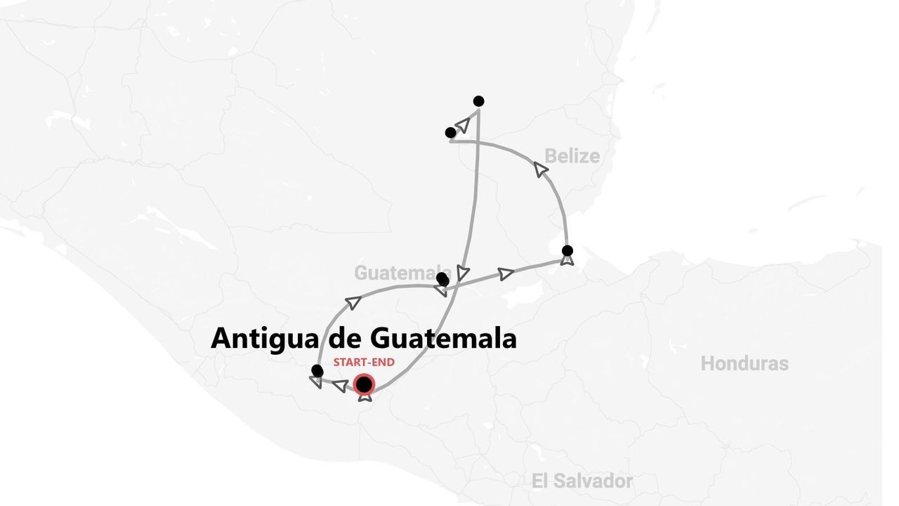 Un mapa de una ruta de viaje por Guatemala y Belice, que comienza y termina en Antigua de Guatemala.