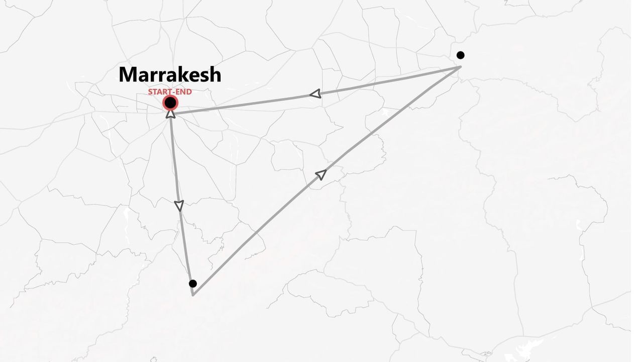 A map showing a triangular travel route that starts and ends in Marrakesh.