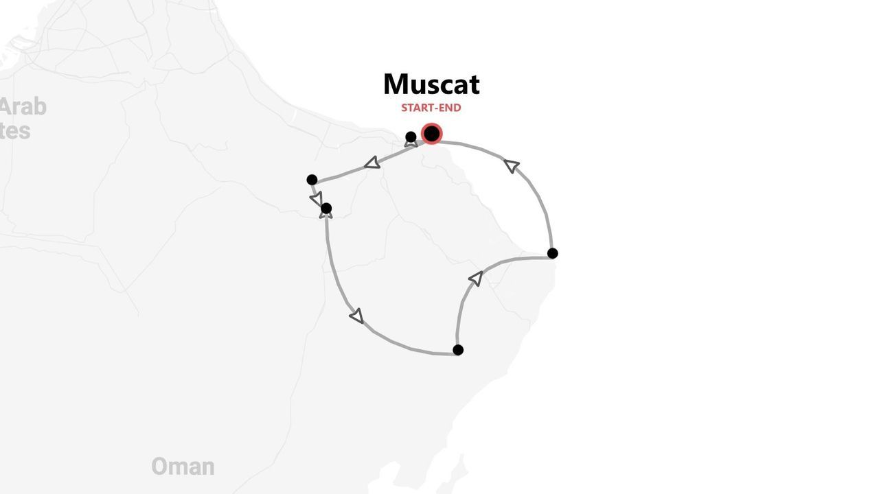 A map of a tour itinerary in Oman, with a circular route starting and ending in Muscat.
