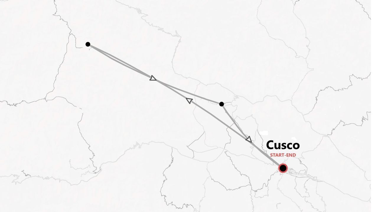 A minimalist map showing a travel itinerary with several stops, starting and ending in Cusco.