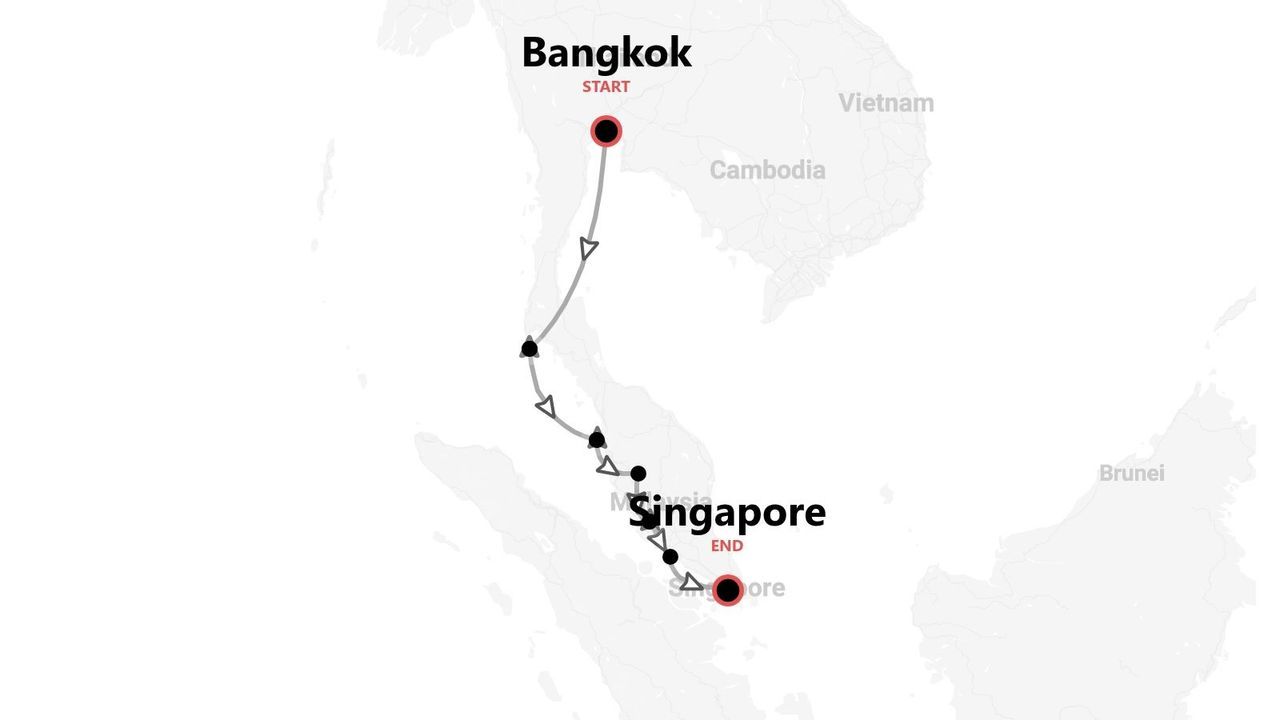 A map showing a travel route starting in Bangkok, Thailand and ending in Singapore, passing through several stops along the way.