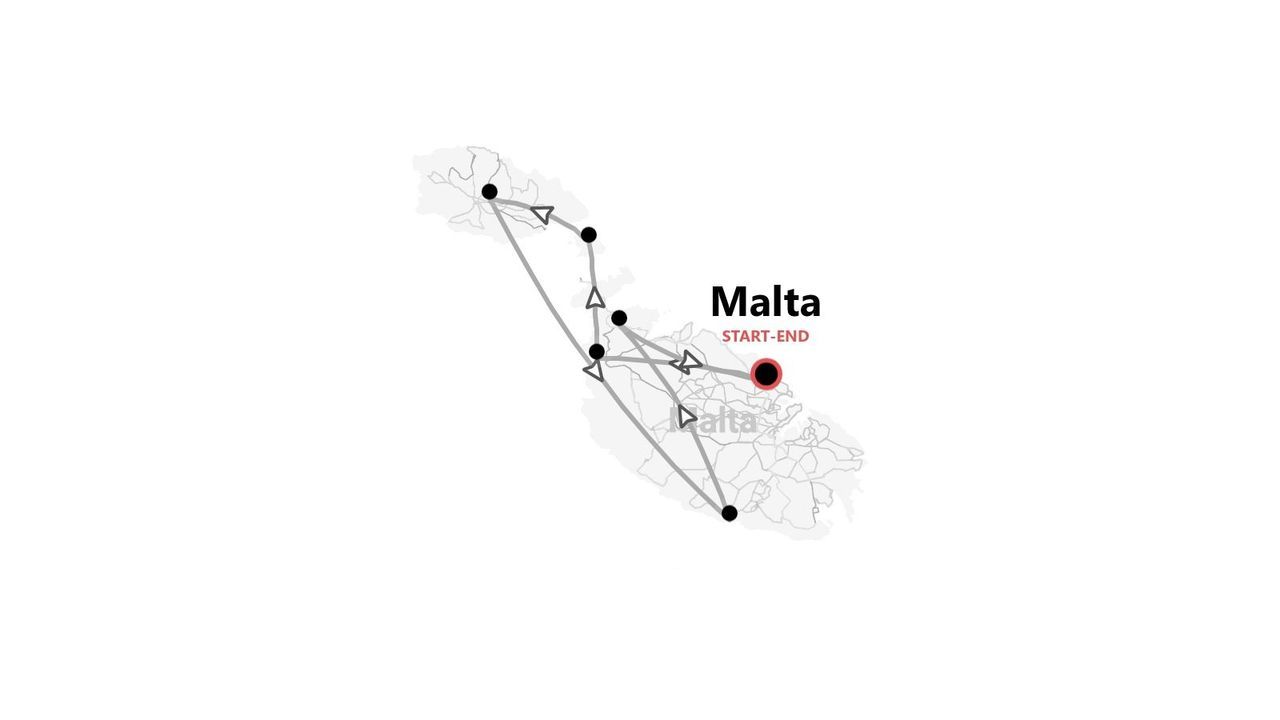 Mappa di Malta con itinerario di viaggio, punti di partenza e arrivo segnati.