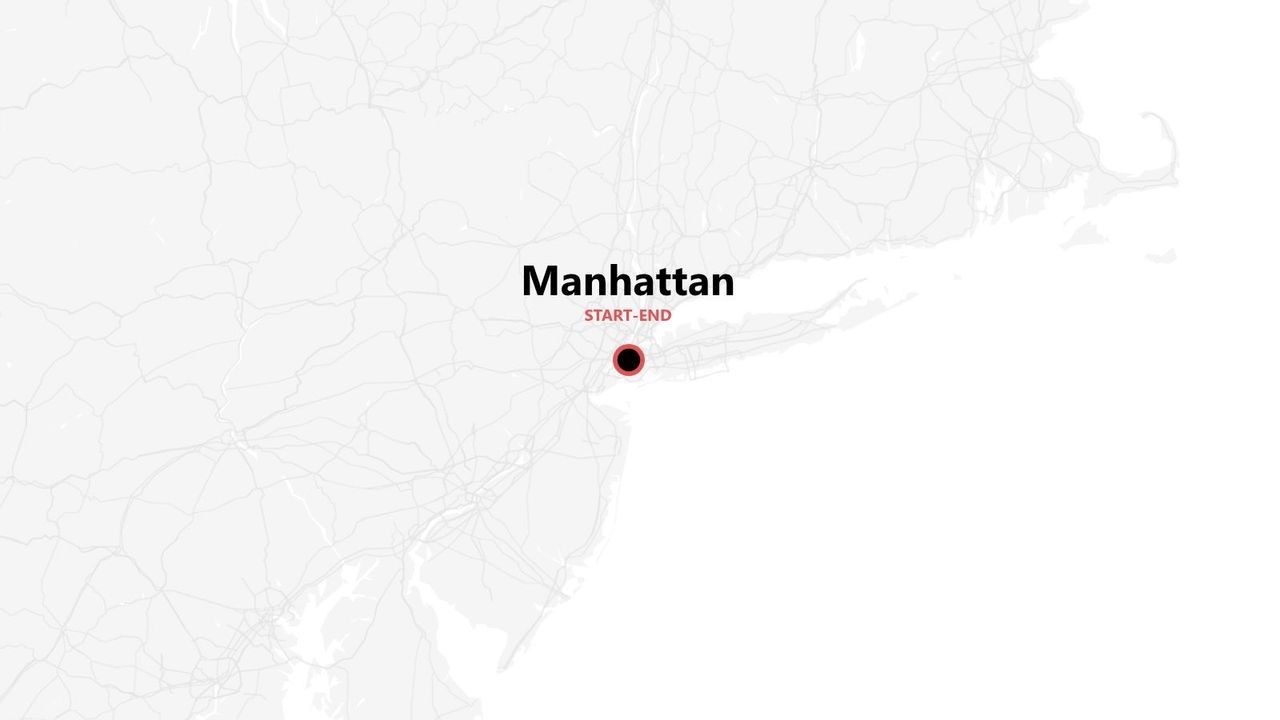 A minimalist map of the northeastern US coast with a pin marking Manhattan as the start and end point of a trip.