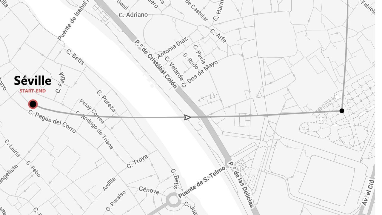 Une carte en niveaux de gris affichant un itinéraire à travers Séville, Espagne, avec un point de départ et d'arrivée sur la rue C. Pagés del Corro.