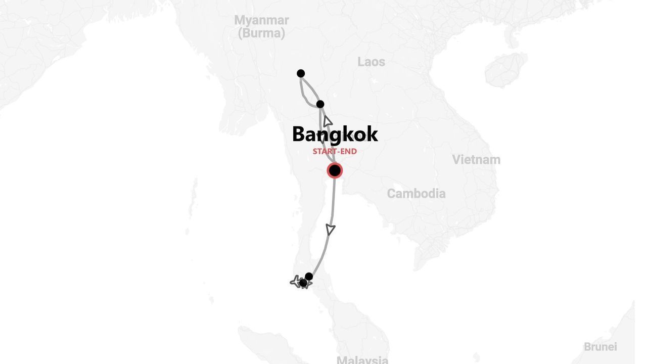 Carte d'un itinéraire de voyage en Thaïlande, au départ et à l'arrivée de Bangkok, avec le parcours indiqué par une ligne et des points.