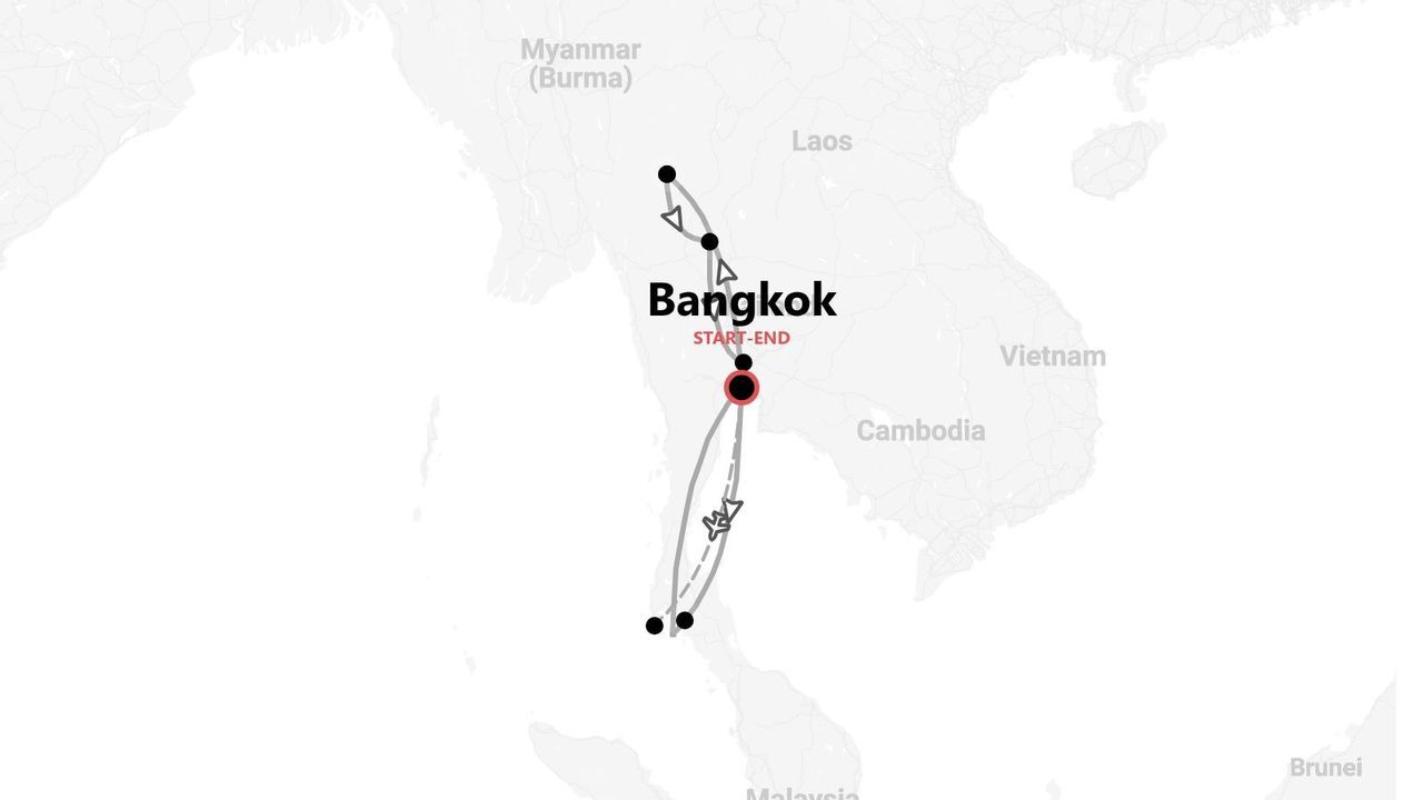 Una mappa che illustra un itinerario di viaggio in Thailandia, con Bangkok come punto di inizio e fine del percorso circolare.