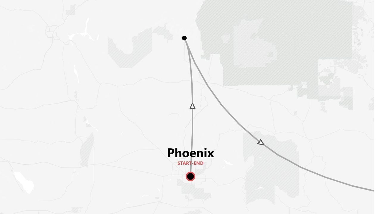 A minimalist map showing a road trip route that begins and ends in the city of Phoenix.