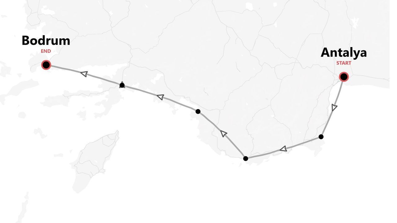 A map showing a travel route starting in Antalya and ending in Bodrum, with waypoints indicated along the path.