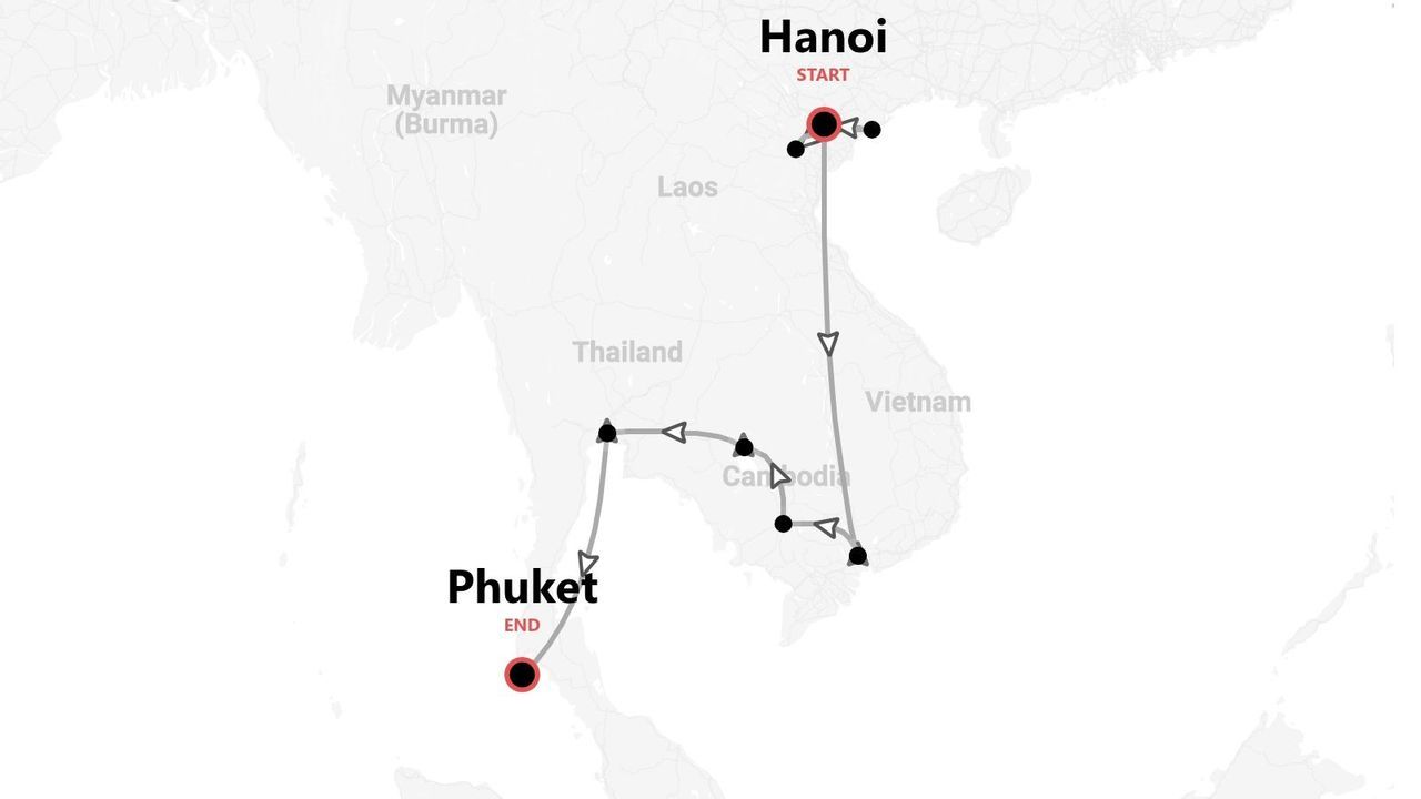 A map showing a travel route starting in Hanoi, Vietnam, passing through Cambodia, and ending in Phuket, Thailand.