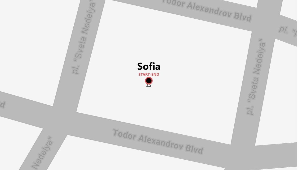 A simplified map of Sofia showing a start-end pin at the intersection of Todor Alexandrov Blvd and pl. 'Sveta Nedelya'.