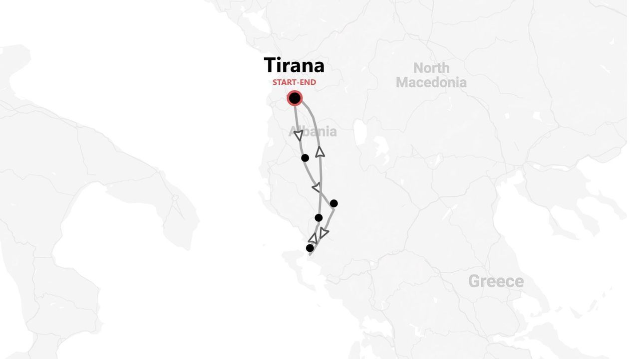 A map showing a round-trip travel itinerary through Albania, starting and ending in the city of Tirana.