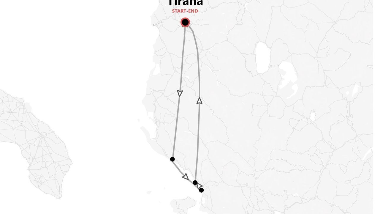 A map outlining a travel itinerary that starts and ends in Tirana, showing a looped route with several stops marked.