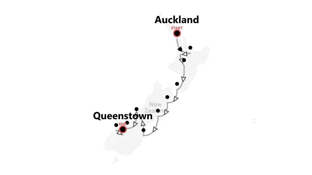 A map of New Zealand showing a travel itinerary route starting in Auckland and ending in Queenstown.