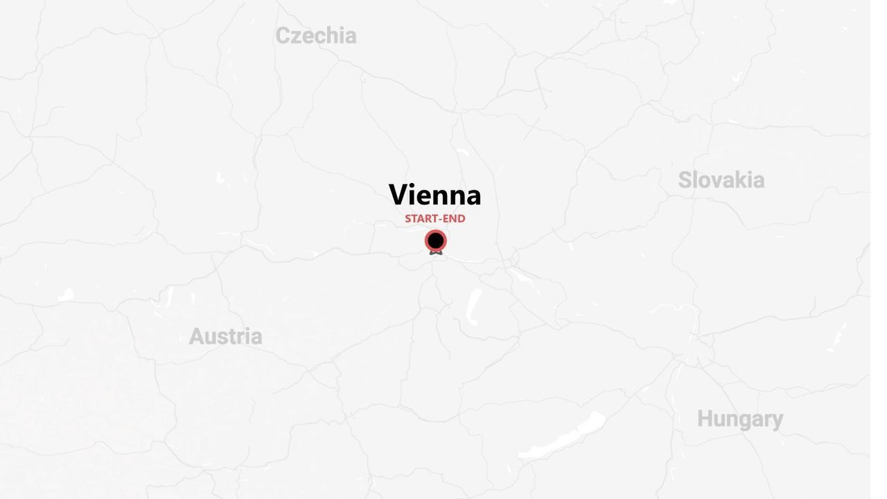 A map showing Vienna, Austria, as the start and end point, surrounded by Czechia, Slovakia, and Hungary.
