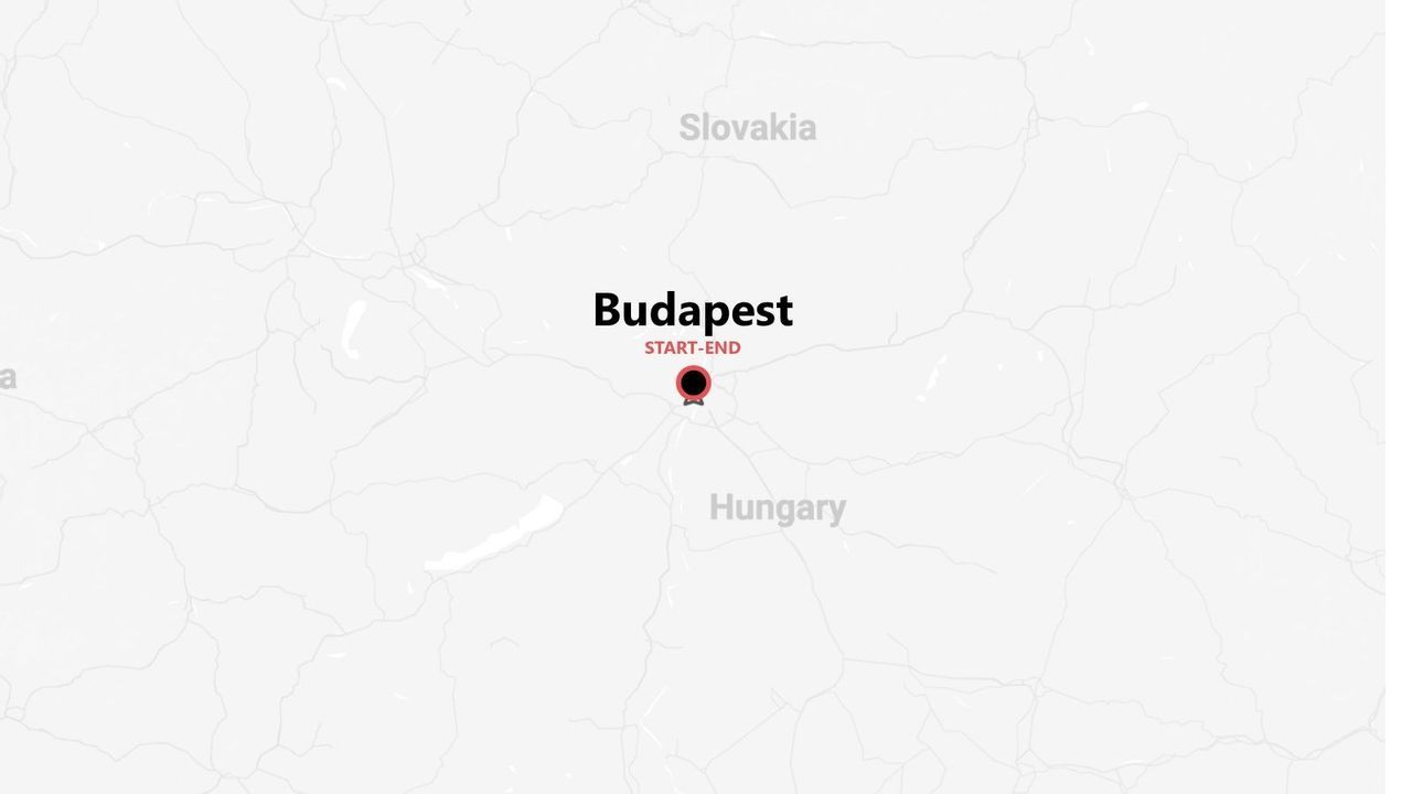 A map showing the location of Budapest, Hungary, marked as the start and end point of a trip.