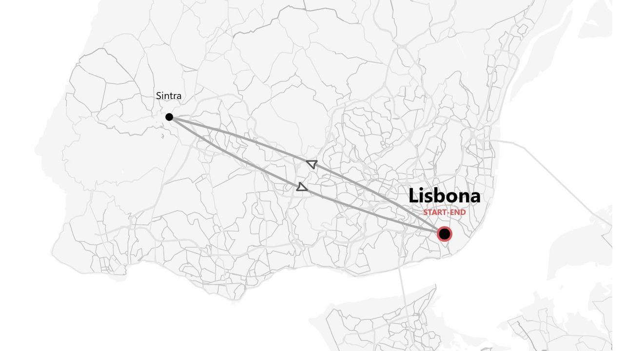Mappa dell'itinerario di andata e ritorno tra Lisbona (INIZIO-FINE) e Sintra.