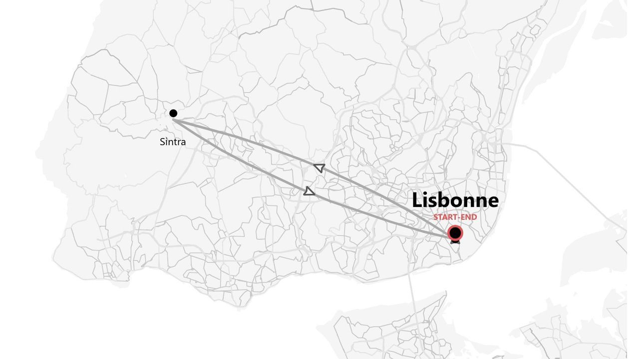 Carte d'un circuit aller-retour entre Lisbonne (départ et arrivée) et Sintra.