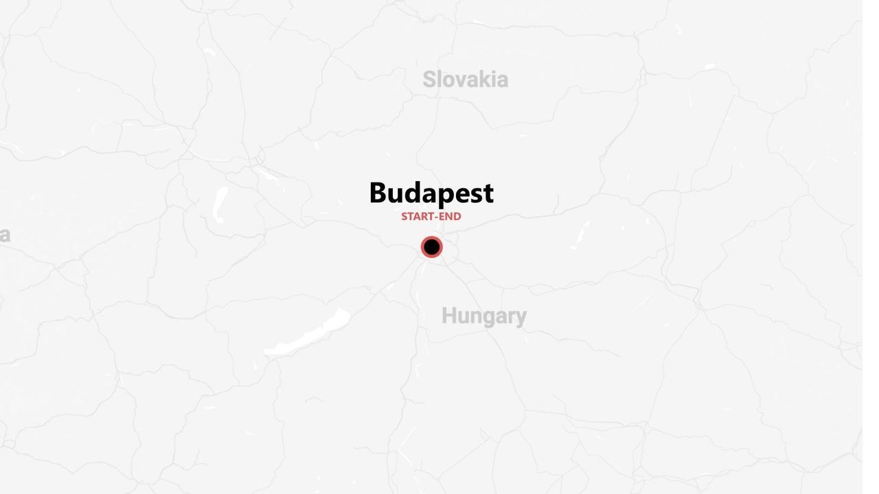 A minimalist map showing Budapest, Hungary, as the start and end point for a trip, with Slovakia visible to the north.