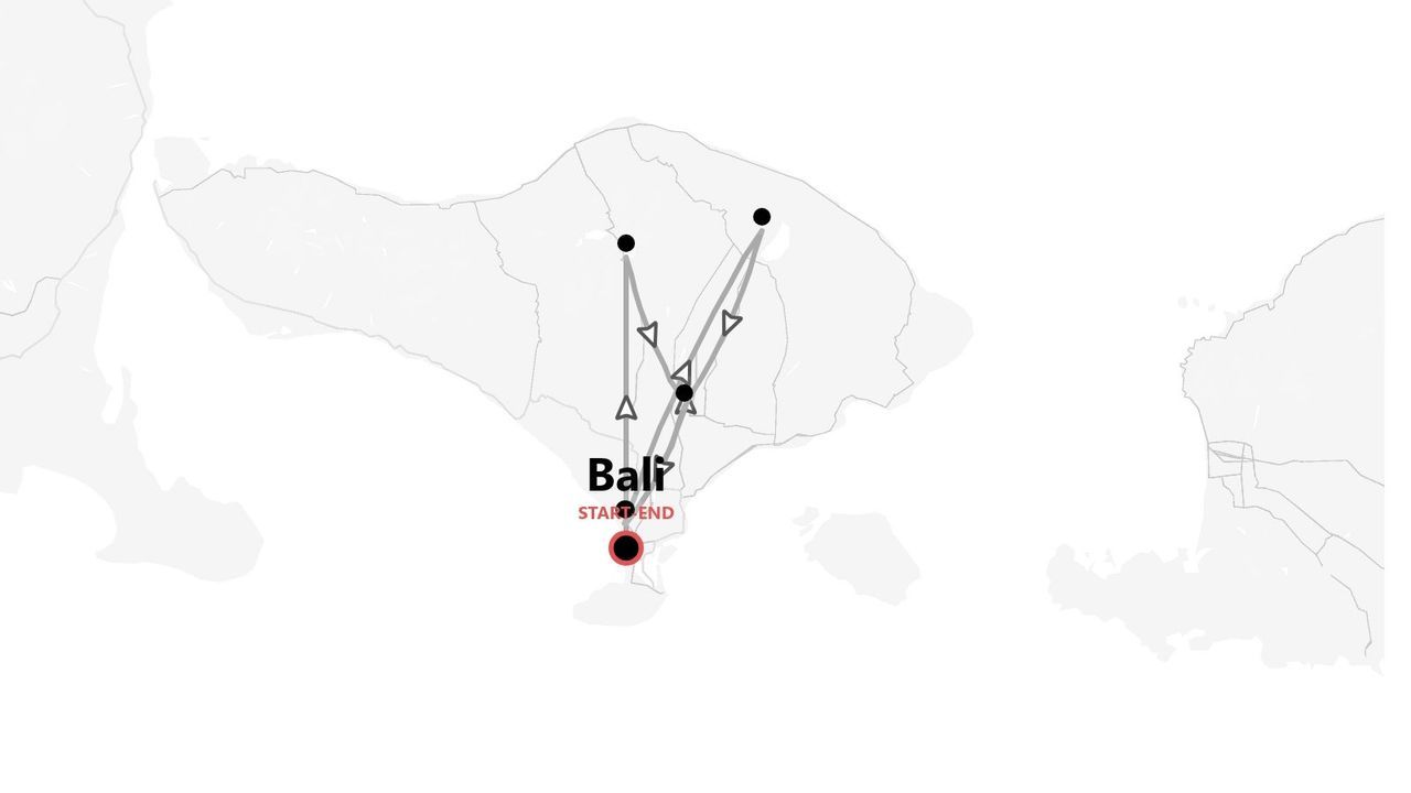 A stylized map of Bali showing a travel itinerary with start and end points in the south of the island.