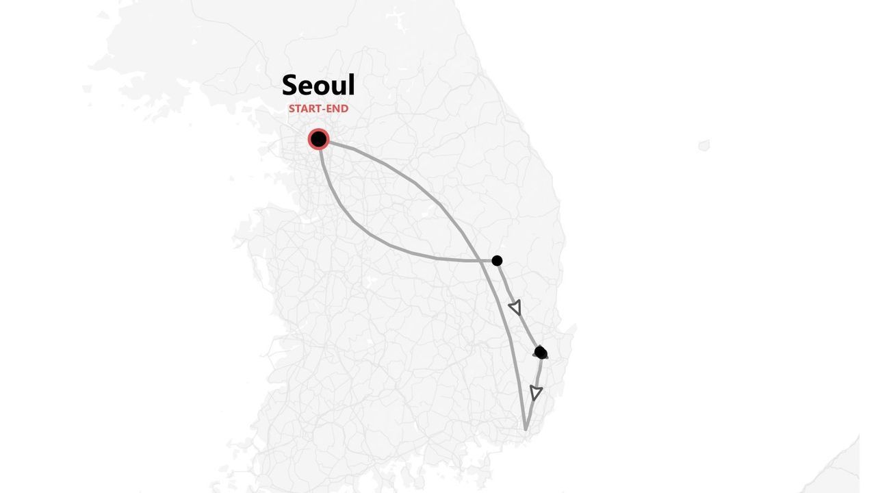 A map of a travel route in South Korea, starting and ending in Seoul and looping through the southeastern region of the country.