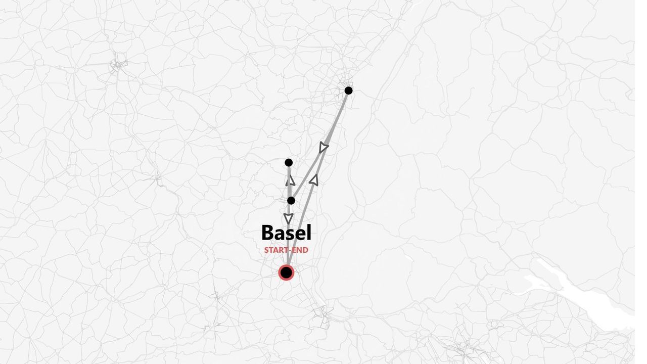A stylized map showing a travel itinerary that starts and ends in Basel, indicated by a red dot.