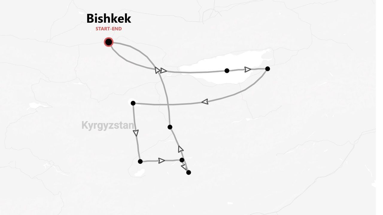 A map showing a tour route through Kyrgyzstan, starting and ending in the city of Bishkek.