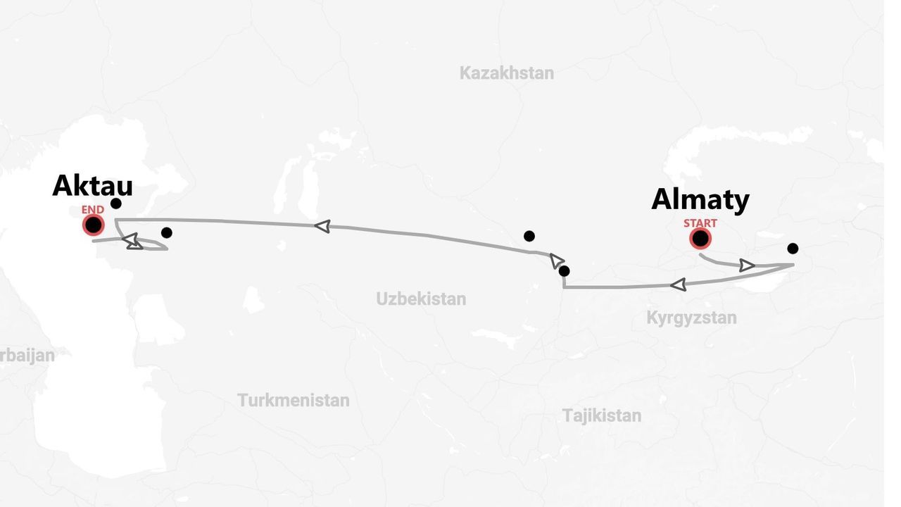 A map showing a travel route across Kazakhstan, starting in Almaty and ending in Aktau.