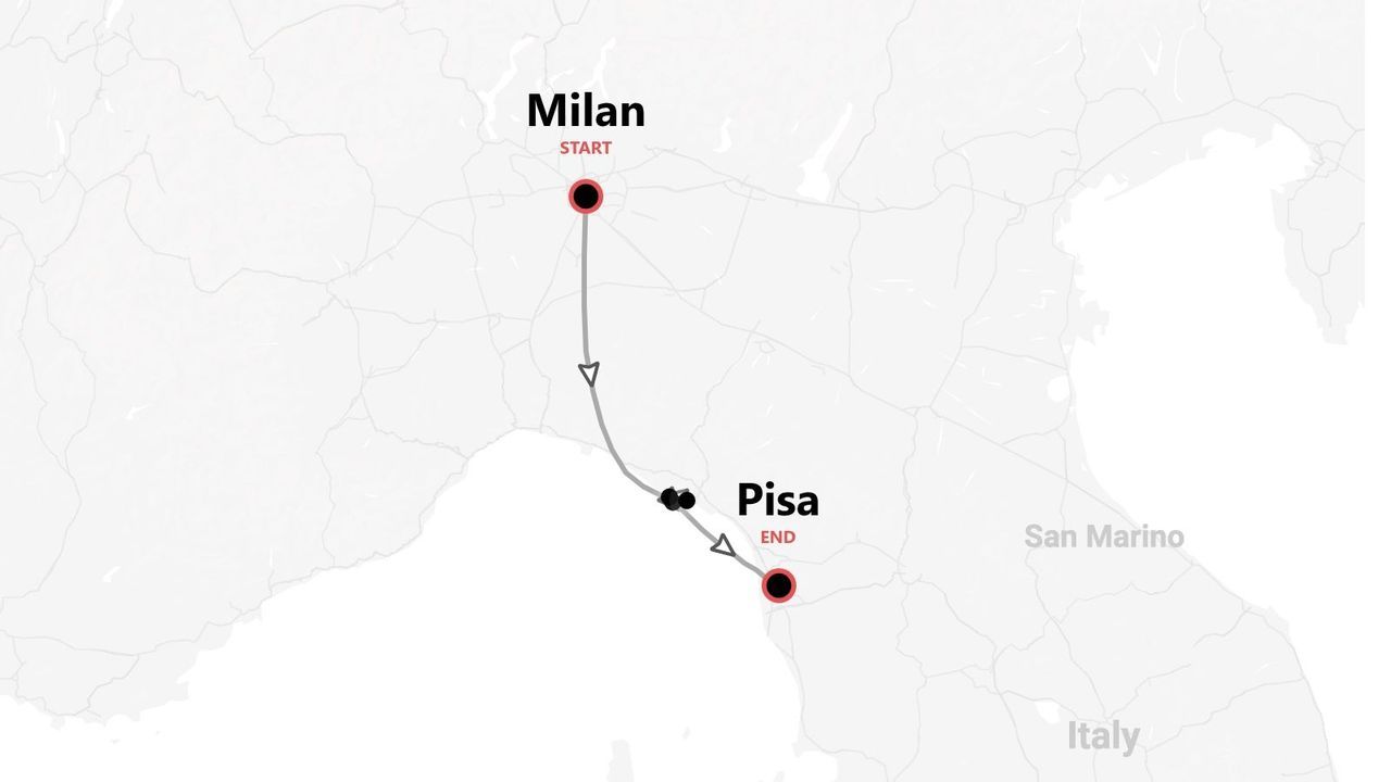 A map of Italy showing a travel route with a starting point in Milan and an ending point in Pisa.
