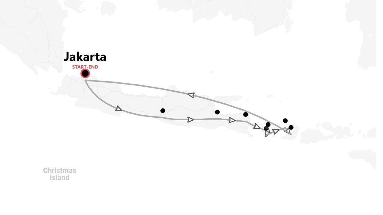 A map of a travel route in Indonesia that starts and ends in Jakarta, showing an eastward loop through the islands.