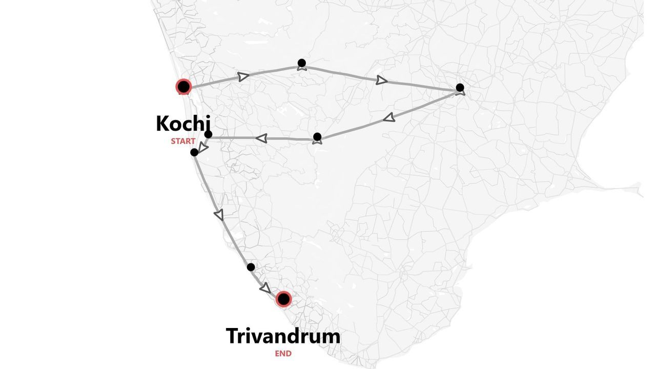 Mapa de itinerario: ruta de viaje de Kochi a Trivandrum.