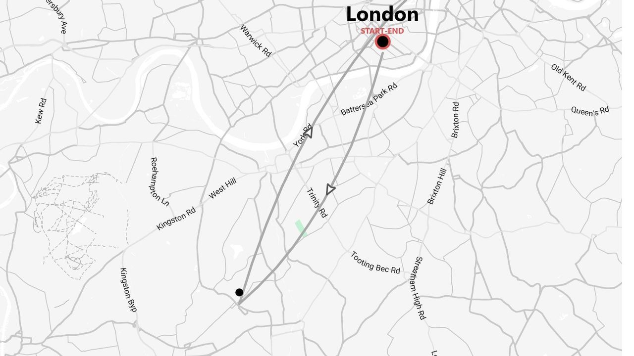 A grayscale map of London showing a route starting and ending in the city, passing near Battersea Park Road and Kingston Road.