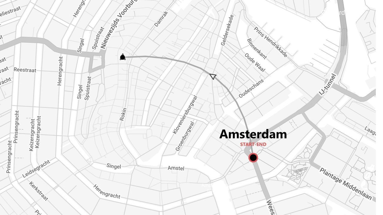 A stylized, grayscale map of Amsterdam showing a route through its streets, marked with start and end points.