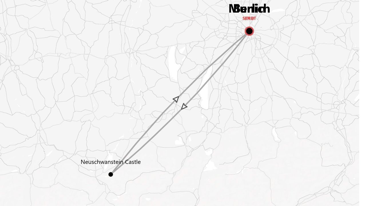 A stylized map illustrating a round-trip travel route between Berlin and Neuschwanstein Castle.