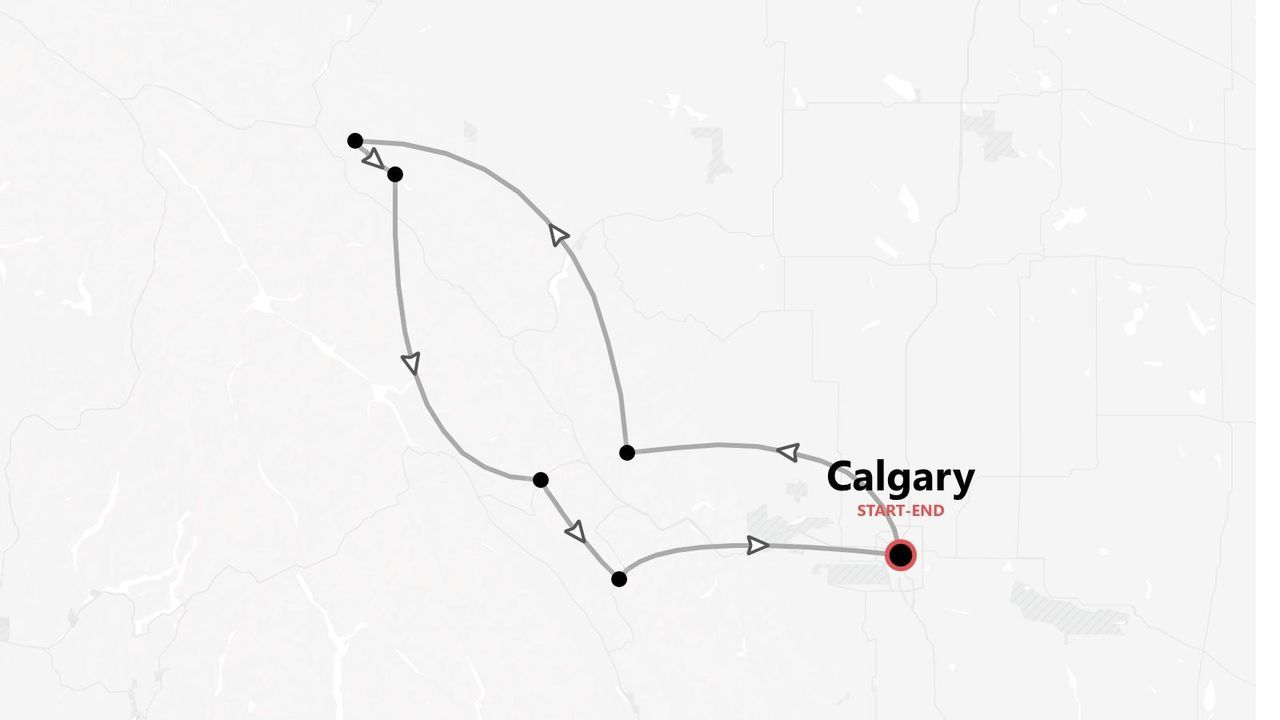 A stylized map showing a tour itinerary with several stops, starting and ending in Calgary.