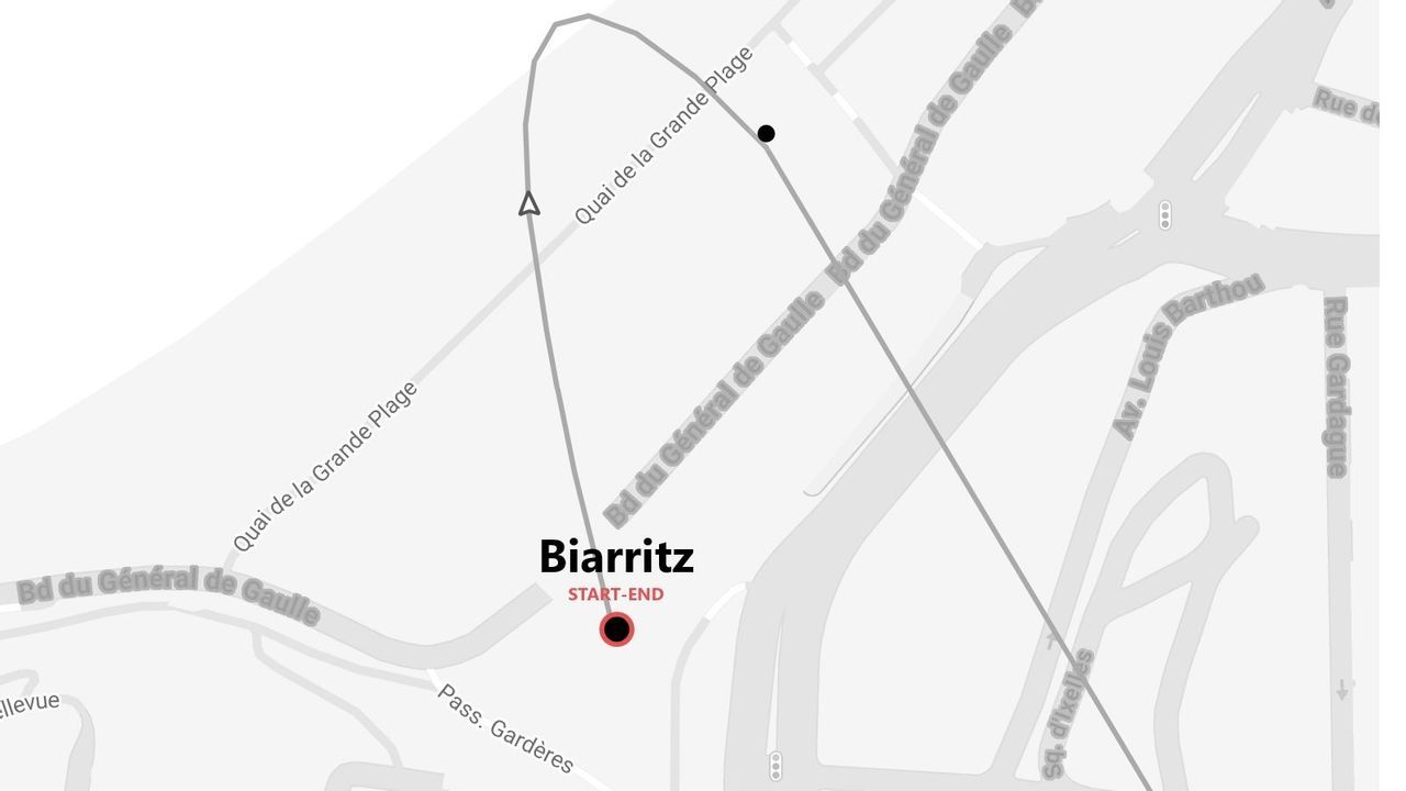 A grayscale map showing a route with a start and end point in Biarritz, including streets like Quai de la Grande Plage.